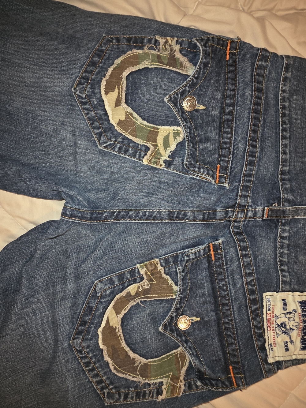 True Religion Blue Denim Jeans with Camo Pockets & Orange Stitching  Sz 34